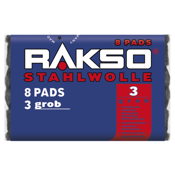 Rakso Stahlwolle, 8 Pads, Sorte 3 grob, zum Reinigen und Schleifen von Holz, Glas und Lack.