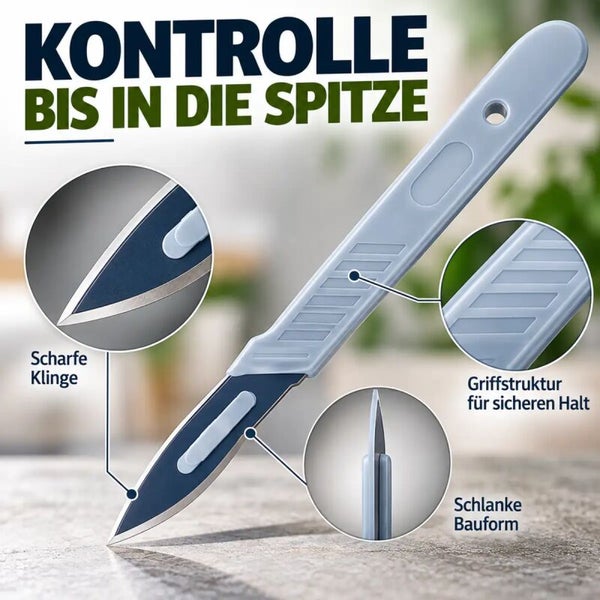 Skalpell mit scharfer Klinge, strukturierter Griffzone für sicheren Halt und schlanker Bauform für präzises Arbeiten.