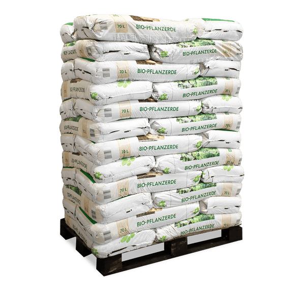 Bio-Pflanzerde auf Palette, 70 Liter Säcke.