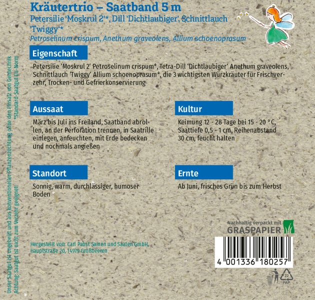 Samentüte für Petersilie Einfache Schnitt 2 von Dürr Samen mit Abbildung der Blätter und Detailansicht des Saatguts.