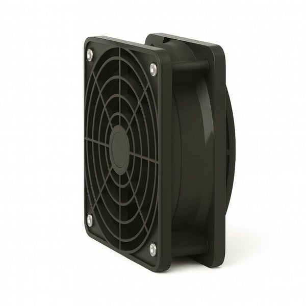 Quadratischer Axialventilator mit Kunststoffgehäuse, Schutzgitter und vier Montagelöchern.