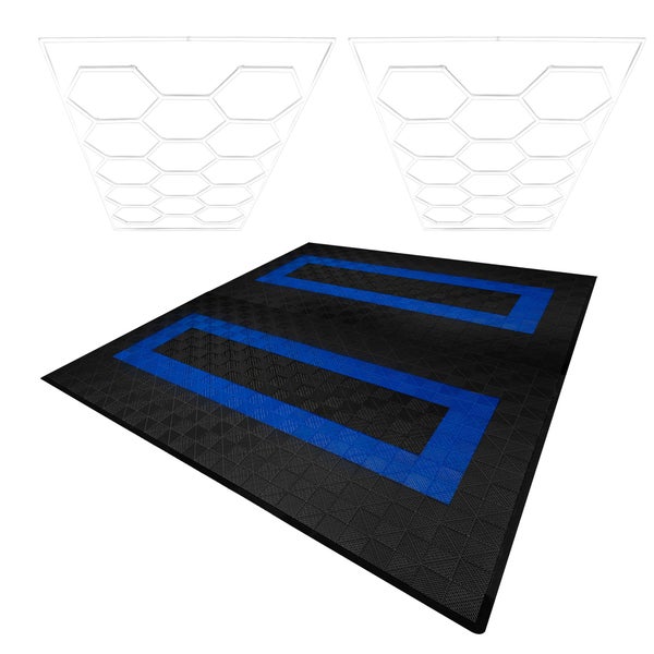 Belüftete Garagenbodenfliesen und sechseckige LED-Leuchten x 165 Schwarz 60 Blau mit Kanten