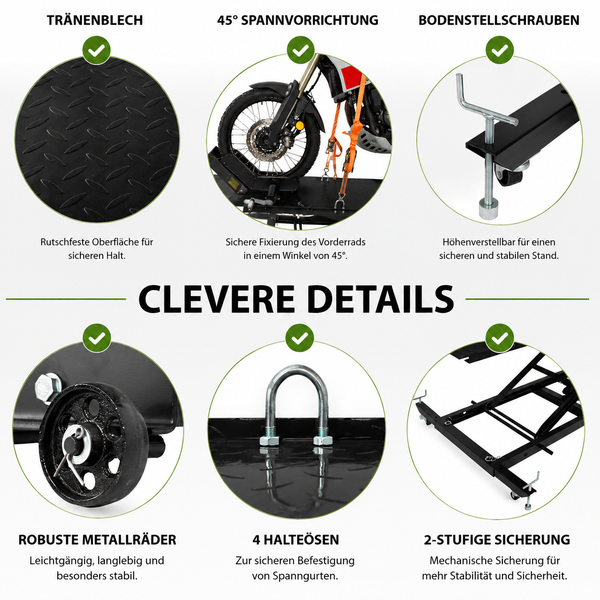 Produktdetails einer Motorrad-Hebebühne mit Tränenblech, 45 Grad Spannvorrichtung, Bodenstellschrauben, Metallrädern, Halteösen und 2-stufiger Sicherung.