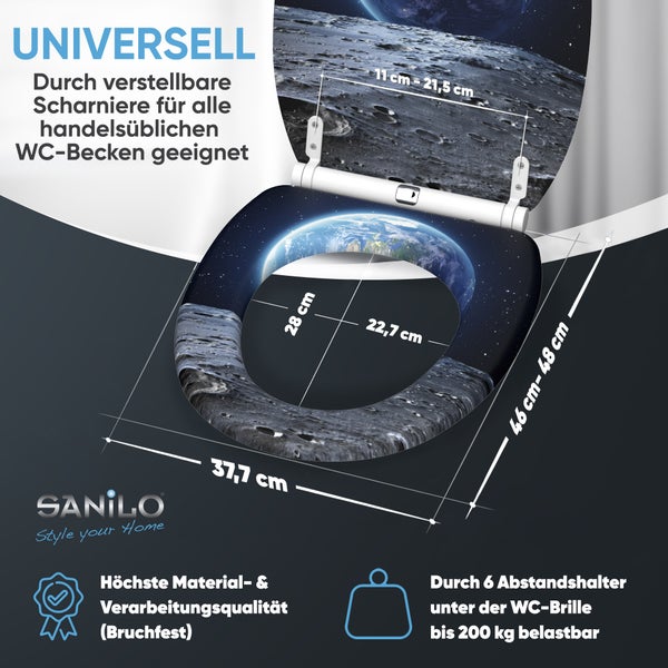WC-Sitz mit Mondmotiv und Sanilo Logo, universell passend, Maße: 37,7 mal 46 bis 48 Zentimeter, belastbar bis 200 Kilogramm, bruchfestes Material.