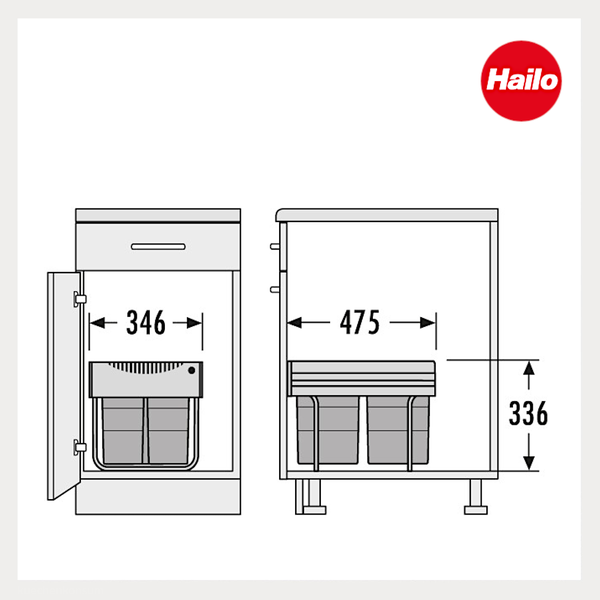 Maßzeichnung eines Hailo Abfalltrennsystems im Schrank mit Breite 346 Millimeter, Tiefe 475 Millimeter und Höhe 336 Millimeter. Hailo Logo.