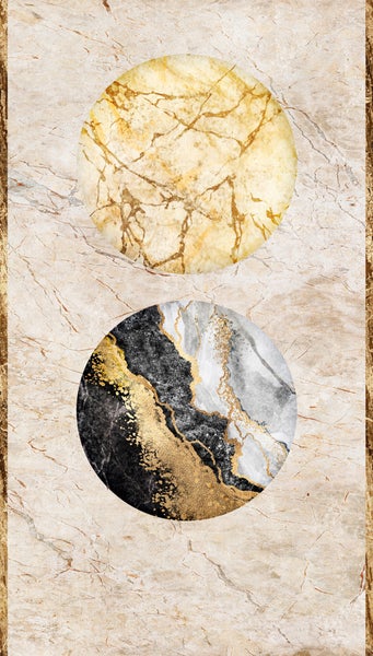 Abstrakte Tapete mit Marmor-Effekt, zwei Kreise mit Gold- und Schwarzmustern auf marmoriertem Grund.