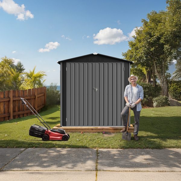 Gartenszene mit Gerätehaus, Rasenmäher und Gärtner