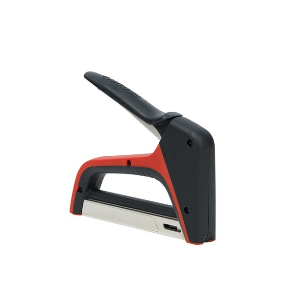 Manueller Handtacker aus Kunststoff und Metall in Rot und Schwarz.