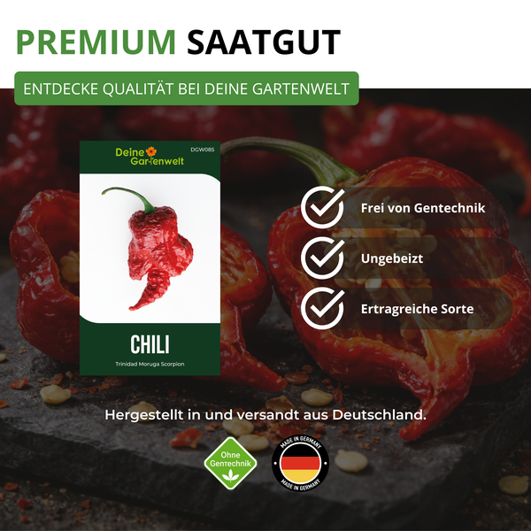 Chili Saatgut Trinidad Moruga Scorpion, Deine Gartenwelt. Ohne Gentechnik, ungebeizt, ertragreich. Hergestellt in Deutschland. Deine Gartenwelt Logo.