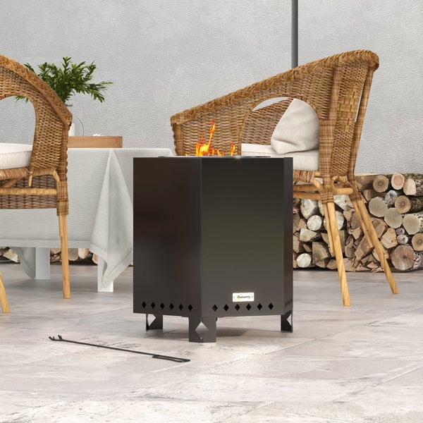 Outsunny Feuerschale, mit Schürhaken, für Garten, Camping, Terrasse, 45L x 38,8B x 46,5H cm, Metall, Schwarz