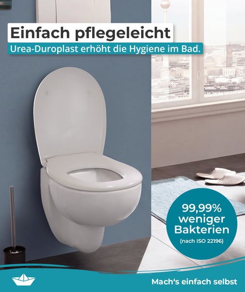 Wand-WC mit Urea-Duroplast WC-Sitz in einem modernen Badezimmer, hygienisch und pflegeleicht mit antibakterieller Oberfläche.
