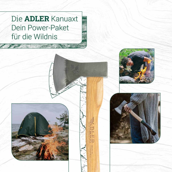 ADLER Kanuaxt mit Holzstiel, ideal für Camping, Bushcraft und Outdoor-Aktivitäten, handlich und robust.
