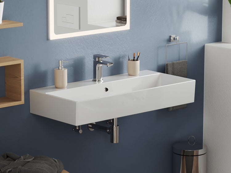 Aqua Bagno Loft KS.90 Waschtisch 90x42 cm – Keramik, Weiß Hochglanz, mit Hahnloch & Überlauf, wandhängend oder als Aufsatzwaschbecken