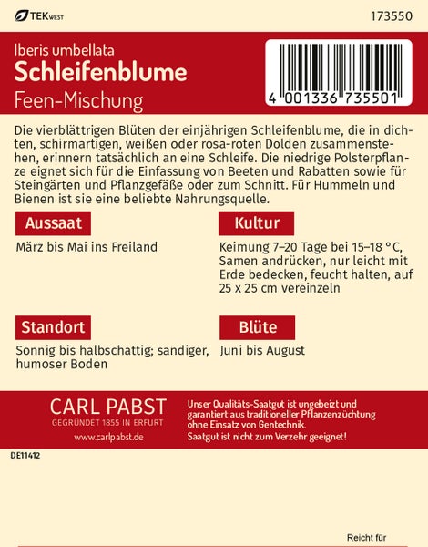 Rückseite der Saatgutpackung für Schleifenblume Feen-Mischung von Carl Pabst mit Informationen zu Aussaat, Kultur, Standort und Blütezeit.