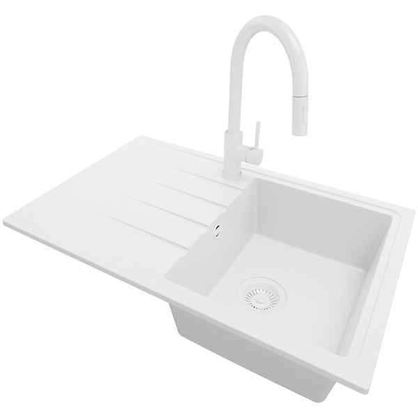 PRIMAGRAN Granitspüle Alles Weiß 78x50cm, Spülbecken 1 Becken + Küchenarmatur 40x20cm + Ablauf-Set, Küchenspüle ab 45er Unterschrank - Mailand