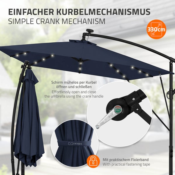 Ampelschirm mit Kurbelmechanismus und LED Beleuchtung, Schirmdurchmesser 330 Zentimeter mit Fixierband.