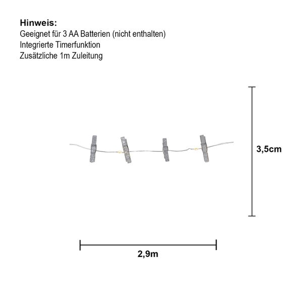 Batteriebetriebene Lichterkette mit Wäscheklammern und Timerfunktion, Länge 2,9 Meter