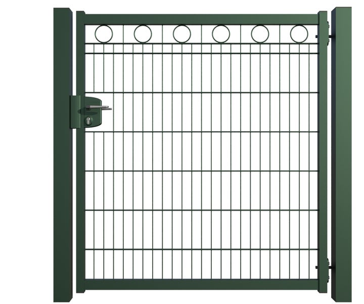 Metallzauntor mit Schloss und runden Dekorelementen