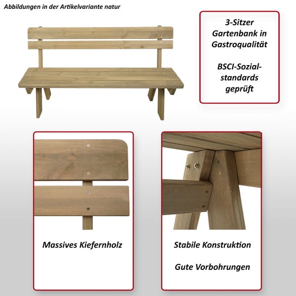 Gartenbank für drei Personen aus massivem Kiefernholz mit stabilen Konstruktion und BSCI-Sozialstandards geprüft