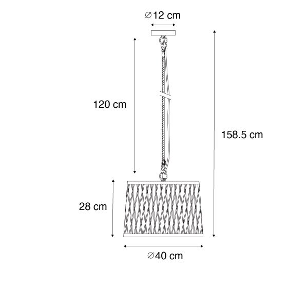 Maßzeichnung einer Pendelleuchte: Schirmdurchmesser 40 Zentimeter, Schirmhöhe 28 Zentimeter, Gesamthöhe 158.5 Zentimeter.