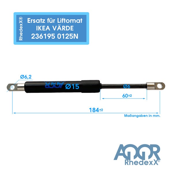 Gasdruckfeder als Ersatz für Liftomat Ikea Värde 236195 0125N mit Maßen in Millimeter und RhedexX Logo.