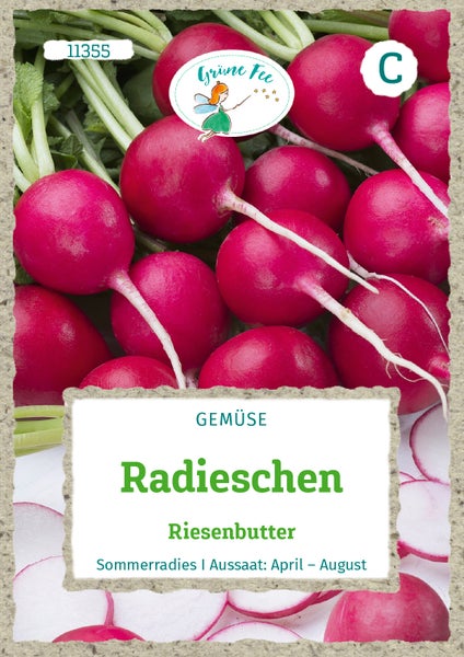 Samenpackung für Radieschen Riesenbutter von Grüne Fee, Abbildung von roten Radieschen, Aussaat von April bis August.