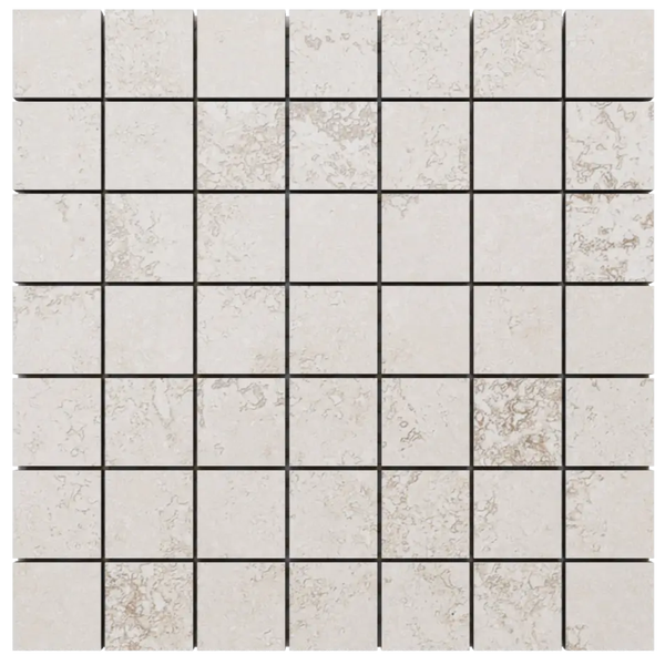 Mosaikfliese aus Feinsteinzeug in Natursteinoptik mit quadratischen Steinchen für Wand und Boden.