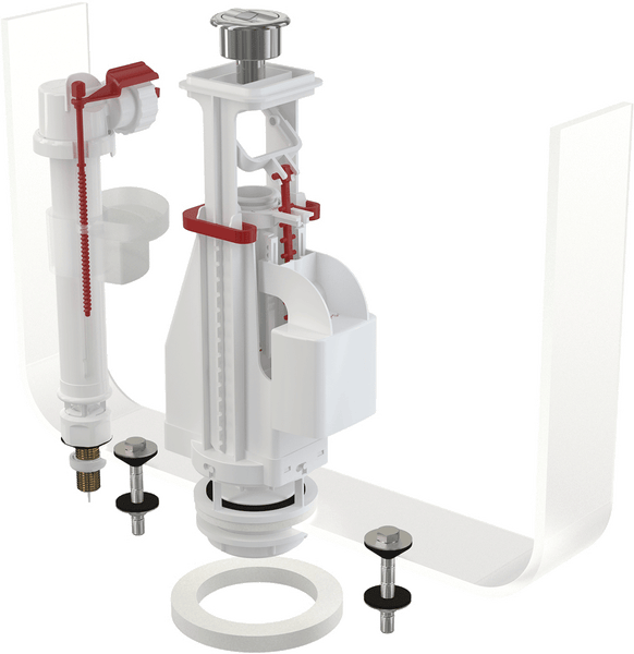 WC-Spülkasten-Set bestehend aus Ablaufgarnitur, Füllventil, Zwei-Mengen-Drückerknopf, Dichtungsring und Befestigungsschrauben.