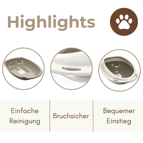 Highlights einer Katzentoilette: Einfache Reinigung, bruchsicheres Material und bequemer Einstieg.