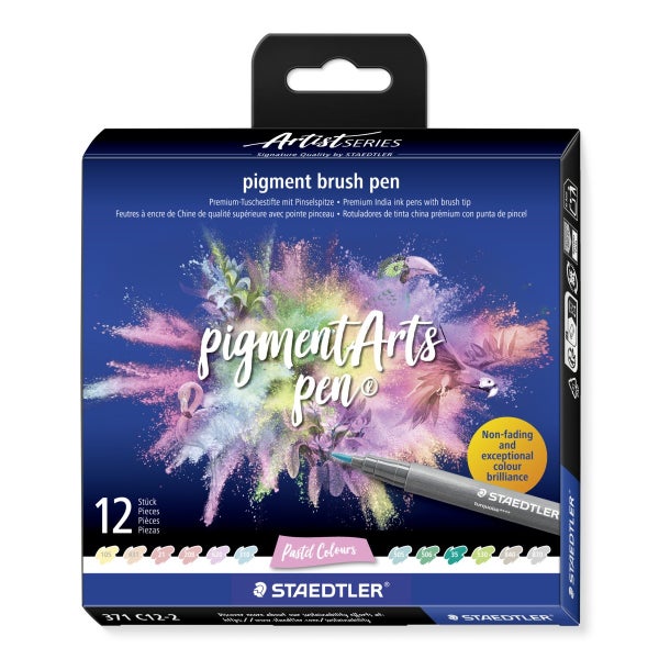 Staedtler Pigment Brush Pen Set mit 12 Stiften in Pastellfarben, lichtbeständige Zeichentusche und Pinselspitze für künstlerische Anwendungen.