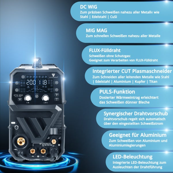 Stahlwerk CTM 250 Pro Schweißgerät mit Funktionen zum DC WIG Schweißen, MIG MAG Schweißen, FLUX Fülldraht Schweißen, CUT Plasmaschneiden, Impulsfunktion, synergischem Drahtvorschub, Aluminiumschweißen und LED Beleuchtung