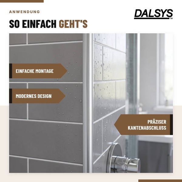 Anwendungshinweis für Dalsys Fliesenprofil an einer gefliesten Wand mit Wassertropfen, einfache Montage, modernes Design und präziser Kantenabschluss.