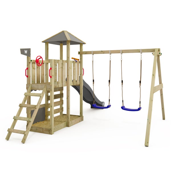 WICKEY Spielturm Klettergerüst Smart Savana mit Schaukel und Rutsche, Spielhaus mit Kletterleiter und Spiel-Zubehör – anthrazit