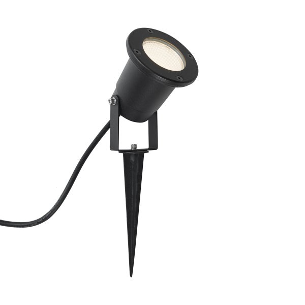 Schwarzer LED-Gartenstrahler mit Erdspieß und verstellbarem Leuchtenkopf.