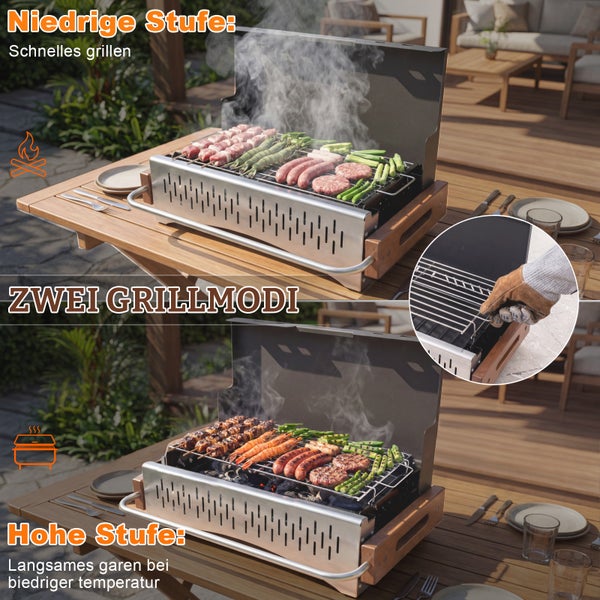 Tragbarer Edelstahl-Tischgrill für Holzkohle mit höhenverstellbarem Grillrost in zwei Stufen zum schnellen Grillen oder langsamen Garen.