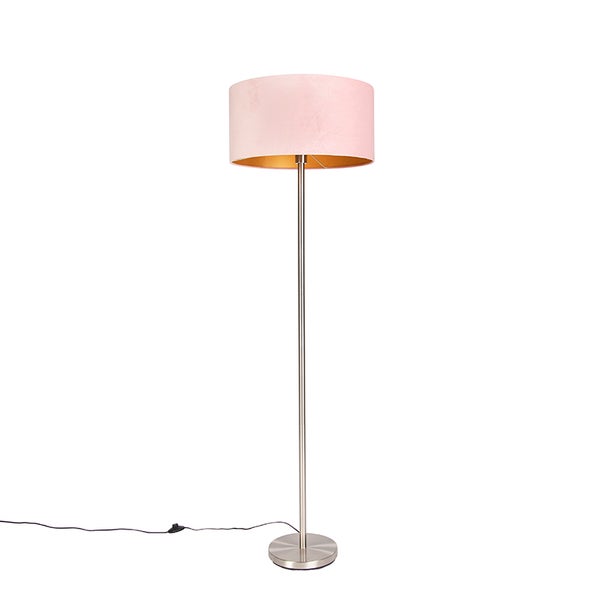 QAZQA - Stehlampe Stahl I Silber I nickel matt mit rosa Schirm 50 cm - Simplo I Wohnzimmer I Schlafzimmer - Stahl Kugel I Kugelförmig I Länglich - LED geeignet E27