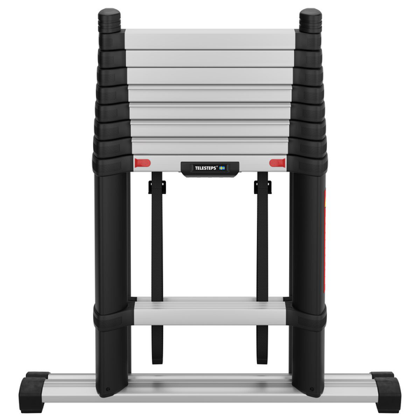 Telesteps Teleskopleiter, eingefahren, aus Aluminium und Kunststoff mit Stabilisierungstraverse, schwarz und silber.