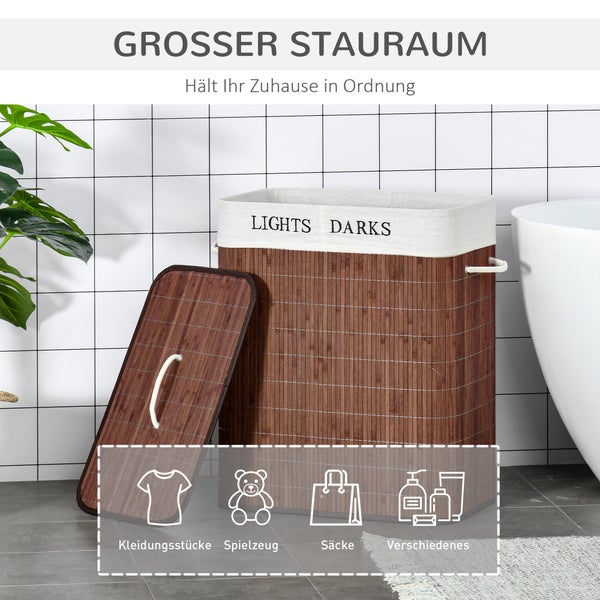 HOMCOM Bambus Wäschekorb schmal mit Deckel 100L Wäschesammler mit Griffen, 2 herausnehmbarer Wäschesack, Laundry Baskets Wäschebox für Waschküche, Schlafzimmer, Badezimmer Braun