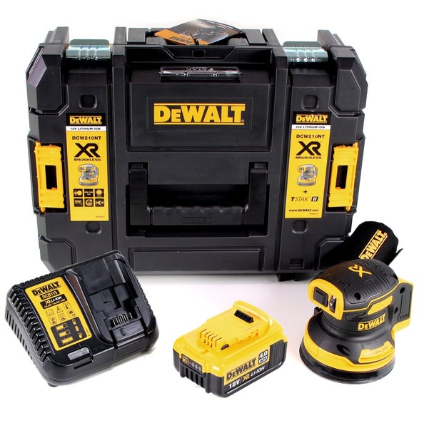 DeWALT Akku-Exzenterschleifer Set mit 18 Volt Akku 4,0 Amperestunden, Ladegerät und TSTAK Werkzeugkoffer.