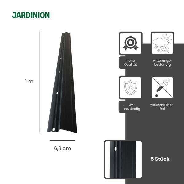 Jardinion Logo. 5 schwarze Sichtschutzprofile, 1 Meter hoch, 6,8 Zentimeter breit. Hohe Qualität, witterungsbeständig, UV-beständig, weichmacherfrei.