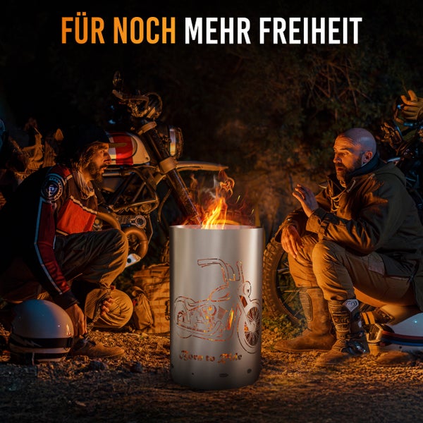 Feuerstelle aus Stahl mit Motorradmotiv für noch mehr Freiheit beim Campen mit Freunden