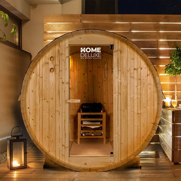 Home Deluxe - Outdoor Fasssauna Lahti M - Maße: BxTxH: ca. 185 cm x 120 cm x 185 cm, Holz: Fichtenholz - inkl. Saunaofen und Saunazubehör I Gartensauna, Außensauna, Sauna Fass für 2 Personen