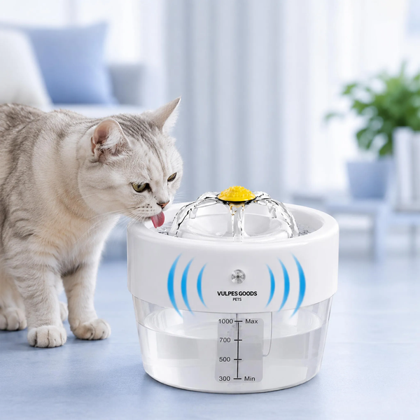 Katze trinkt aus einem automatischen Haustier Trinkbrunnen mit Wasserstandsanzeige und VULPES GOODS PETS Logo.