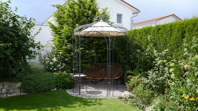 Pavillon ELEO Siena Ø 2,1 m anthrazit - pulverbeschichtet | mit Dekorkugel und Sonnensegel ecru