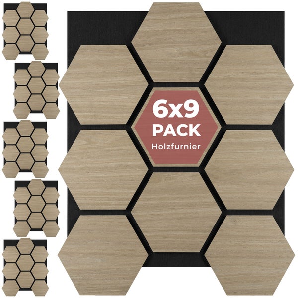 Sechseckige Wandpaneele aus Holzfurnier, Set aus 6 Einheiten mit je 9 Elementen in Wabenform.