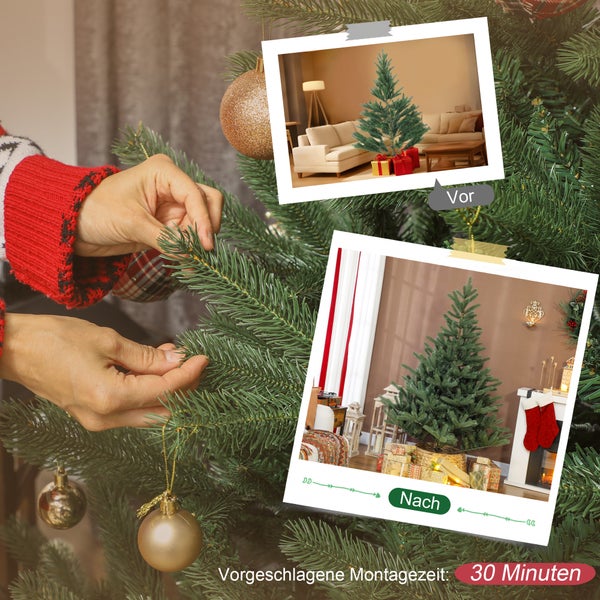 Künstlicher Weihnachtsbaum Vergleich vor und nach dem Ausrichten der Zweige mit einer Montagezeit von circa 30 Minuten.