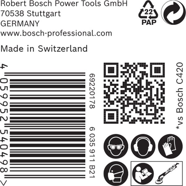 Robert Bosch Power Tools GmbH Logo, Papier-Recycling-Symbol, Barcode, QR-Code und Symbole für Augenschutz, Gehörschutz, Handschutz und Atemschutz