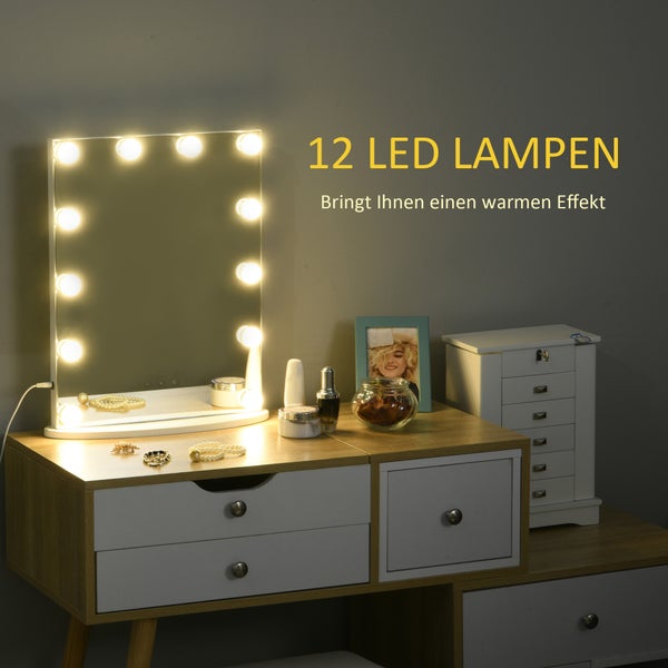 HOMCOM Hollywood Spiegel mit Beleuchtung, Schminkspiegel für Schminktisch,Theaterspiegel Kosmetikspiegel mit Licht 3 Farbtemperatur, mit USB 12 LED Licht