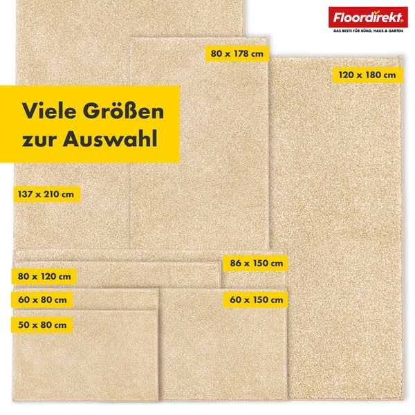 Verschiedene Teppichgrößen zur Auswahl, inklusive Größenangaben und Floordirekt Logo