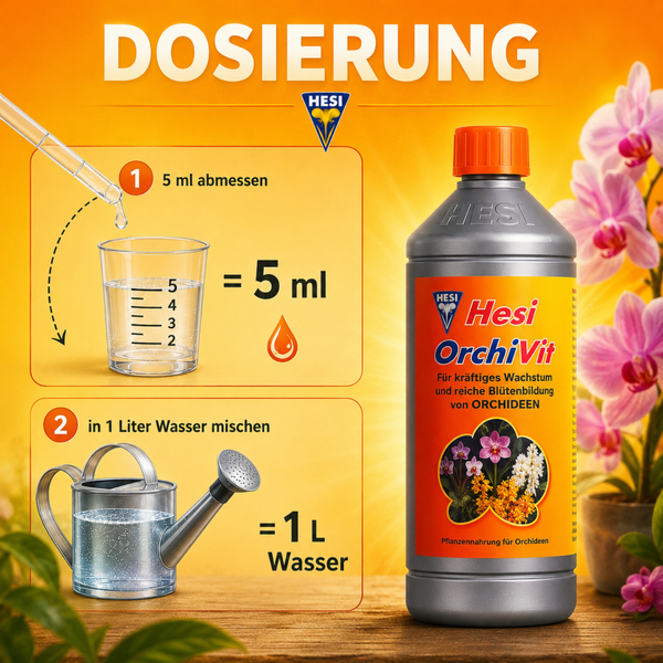 Hesi OrchiVit Orchideendünger Dosierungsanleitung mit Messbecher und Gießkanne zur Anwendung von fünf Milliliter auf einen Liter Wasser